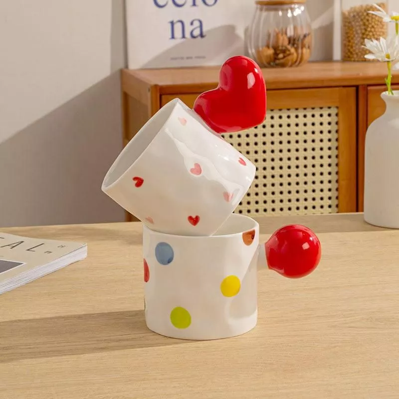 Ceramic Mugs Love Handles Three-dimensional Heart Shape Cute Cartoon Coffee Mug Birthday Present for Girls Breakfast Milk Cups